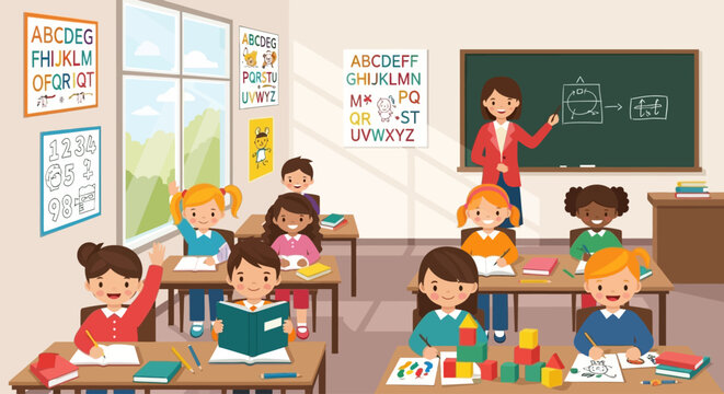 Elementary classroom illustration with teacher and diverse students learning at desks