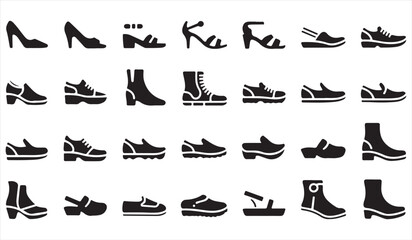 Obraz premium Shoe silhouette icon set with various footwear styles including sneakers, boots, heels and casual shoes, black vector collection isolated on white background