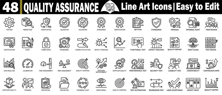 Quality assurance line art icons set. Showing professional testing, inspection, verification, validation standards, and certification processes.