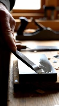 Woodworker shaving wood plane on workbench in workshop