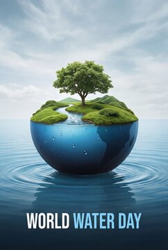 World water day concept with a tree on a globe floating on water symbolizing conservation and sustainability