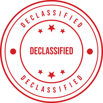 Distinctive red round stamp with the word DECLASSIFIED and stars signifying information release
