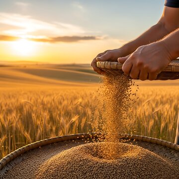 Hands sift golden grain in a field at sunset, symbolizing harvest and abundance