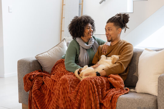 African American couple sitting on gray sofa at home, sharing rust blanket, man holding puppy