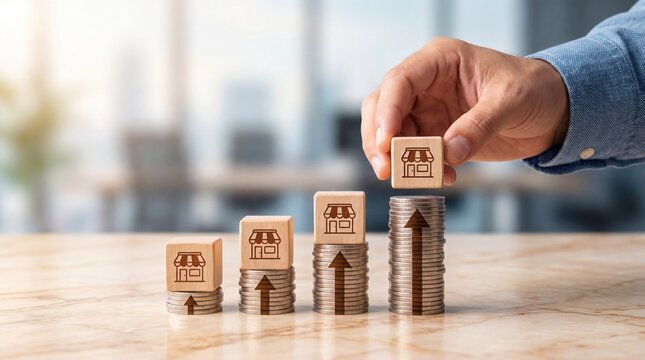 Hand stacking wooden coins with franchise icons for business expansion planning