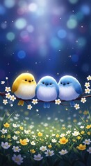 Fototapeta premium Three cute birds resting on lily pads in a magical pond