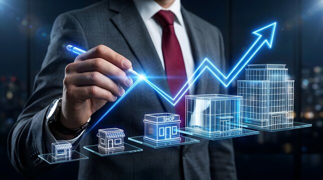 Professional businessman drawing a rising graph over digital 3D buildings, symbolizing corporate expansion, real estate growth, and franchise scaling.