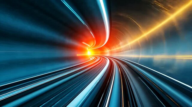 A vibrant abstract composition shows a tunnel with glowing light trails and color shifts
