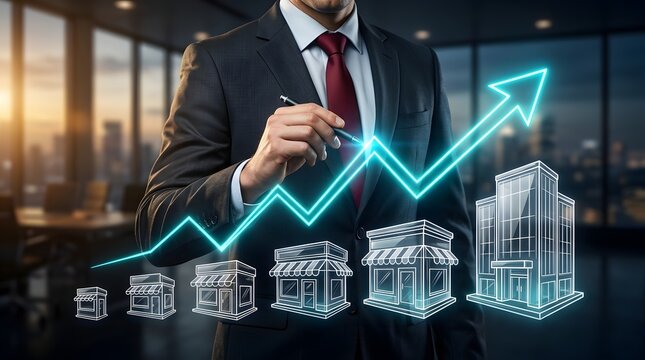 Professional businessman drawing a rising graph over digital 3D buildings, symbolizing corporate expansion, real estate growth, and franchise scaling.