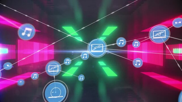 Central blue hub sending pulses, spawning music and chat nodes, showing network growth