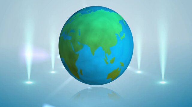On start globe rotating to reveal east, light pillars pulsing, reflection shifting for presentation