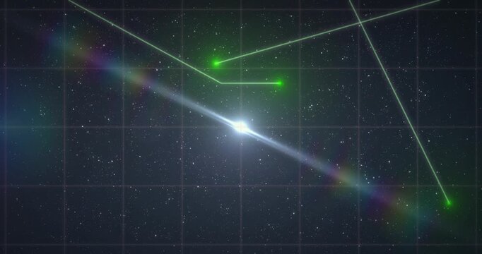 Bright white core emitting prism streak, green nodes entering from top, forming angled cage marking