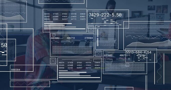 Seated man typing in class, HUD widgets growing then stacking over laptop revealing data for review