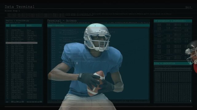 QB preparing pass to avoid tackle as defender closing in, Data panels framing football metrics