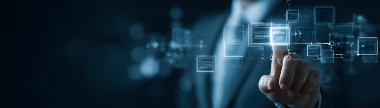 A business professional interacts with a digital interface, highlighting innovation and technology trends