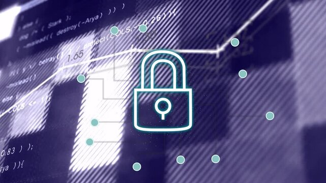 Padlock reacting to sweep, becoming neon security mesh, nodes lighting, chart rising, securing data