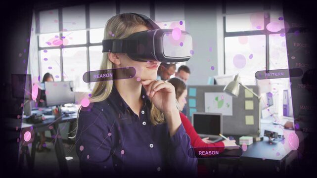 Woman wearing VR headset holding chin, performing pinching gesture, testing technology HUD panels