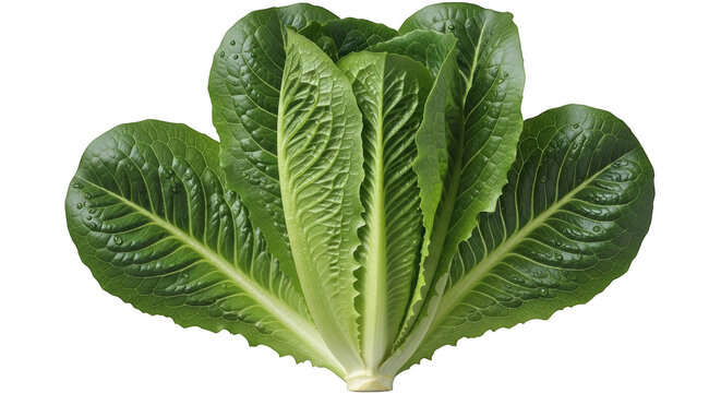Fresh green romaine lettuce leaves arranged in a fan shape, raw vegetable ingredient for salads, isolated on transparent background