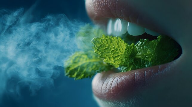 A close-up of a mouth exhaling smoke with fresh mint leaves inside