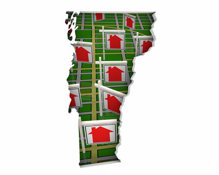 Vermont VT State Real Estate Market Homes Houses For Sale Signs Map Move Relocate 3d Illustration
