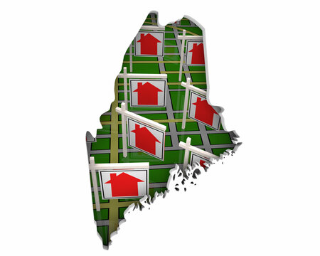 Maine ME State Real Estate Market Homes Houses For Sale Signs Map Move Relocate 3d Illustration