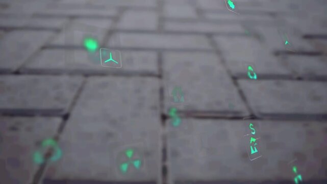 On clip start green holographic icons appearing and floating above pavement visualizing energy data
