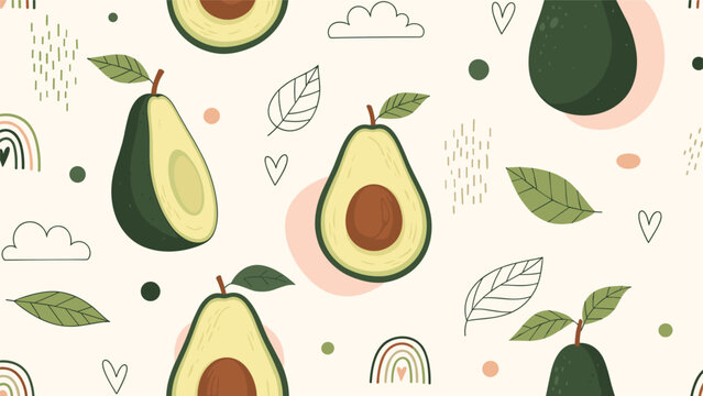 Healthy seamless pattern features whole and halved avocados with leaves, hearts, and rainbows on a light beige background.