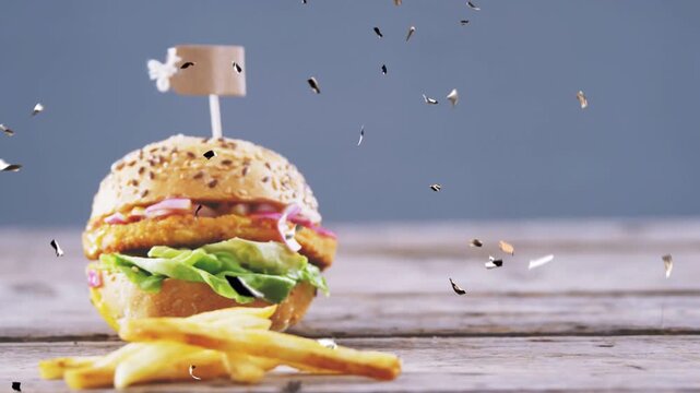 Confetti already falling as burger sliding in from left, camera tightening, framing showcasing food
