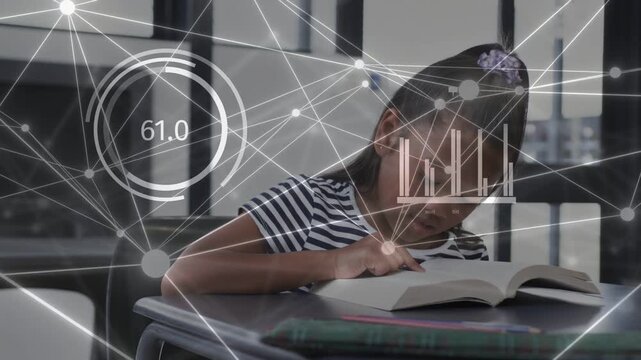 Student tracing text and initiating HUD nodes and bar charts shifting over book for learning