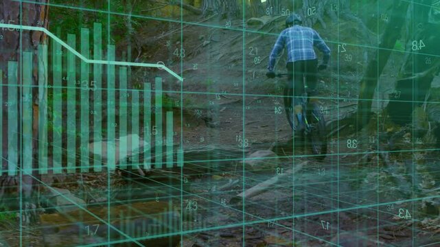 Male biker pedaling uphill on trail, causing green grid and charts tracking performance for tech