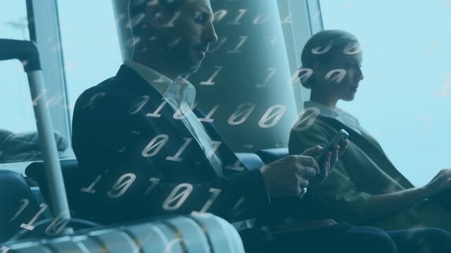 Business duo raising phone and typing tablet, checking email, binary overlay passing over subjects