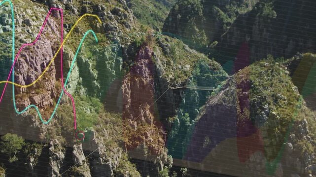 Data overlay sliding from left drawing CMY waveforms across canyon, marking spires during right pan