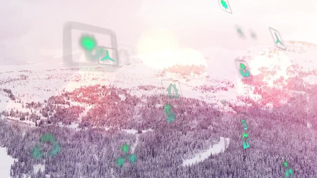Snowy pine forest receiving green icons appearing from right, drifting and visualizing eco data