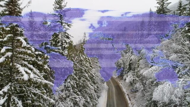 Drone advancing over snow road, on approach purple overlay appearing, banding, fading to show route