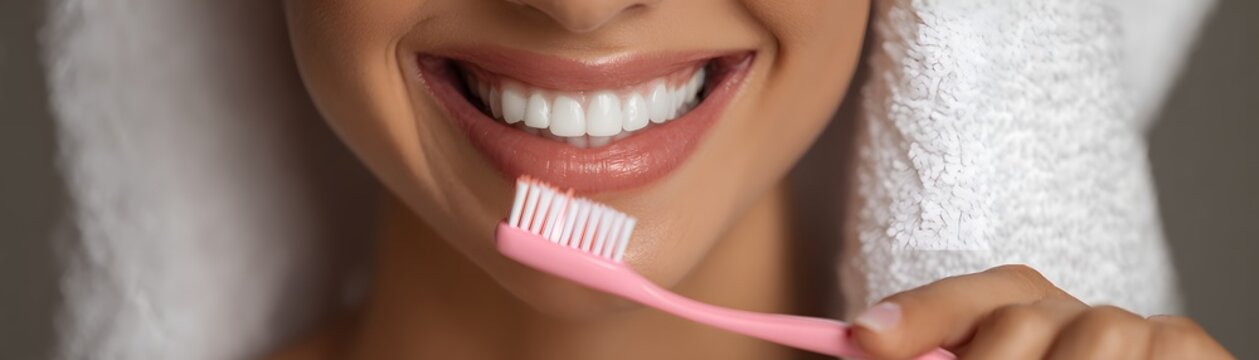 A close-up of a smiling woman showcasing bright, healthy teeth. She holds a pink toothbrush, embodying good dental hygiene and self-care practices.