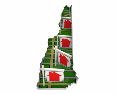 New Hampshire NH State Real Estate Market Homes Houses For Sale Signs Map Move Relocate 3d Illustration