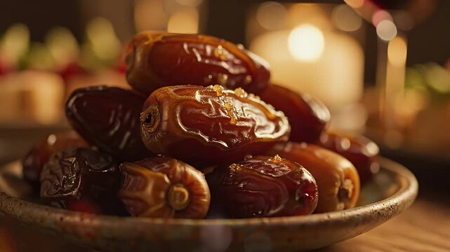 Close-Up of Fresh Dates Displayed on a Plate - A close-up video showcasing a pile of glossy, fresh dates arranged on a ceramic plate.