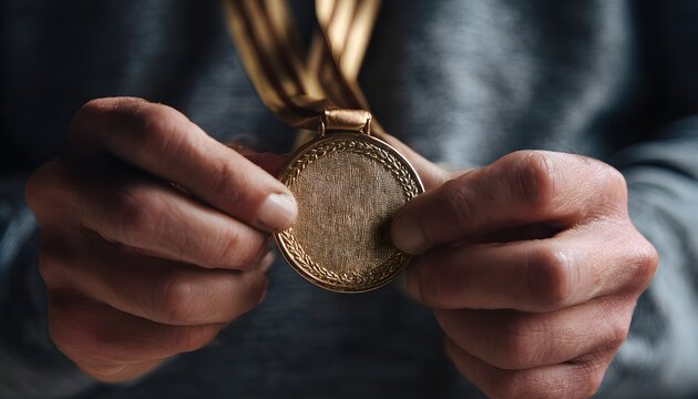 A close-up of hands holding a gold medal with a ribbon. The medal symbolizes achievement and success in sports, representing hard work and dedication to a goal.