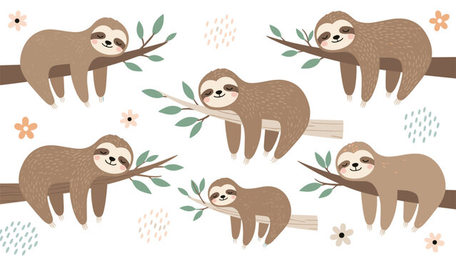 Adorable seamless pattern features cute sloths sleeping on tree branches with leaves and flowers on a white background.