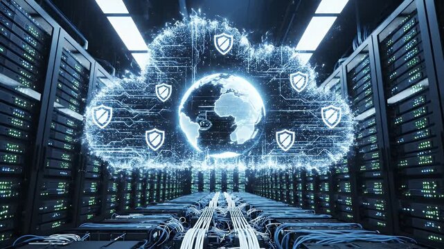 Futuristic Data Center with Cybersecurity Overlay - The video showcases a modern data center filled with server racks, overlaid with a digital representation of the globe surrounded by security