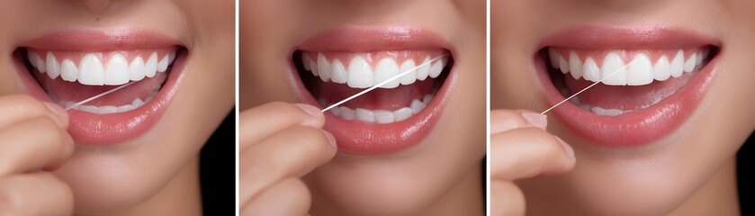 Fototapeta premium A close-up sequence of a woman smiling while flossing her teeth, emphasizing dental hygiene and the importance of oral care for a bright smile and healthy gums.