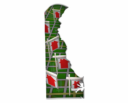 Delaware DE State Real Estate Market Homes Houses For Sale Signs Map Move Relocate 3d Illustration