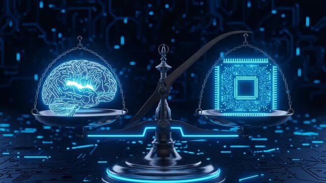 Glowing Human Brain Microchip Are Balanced On Scale Against Digital Circuit Background Ai The Human Mind Concept For Technology Science Educational Articles
