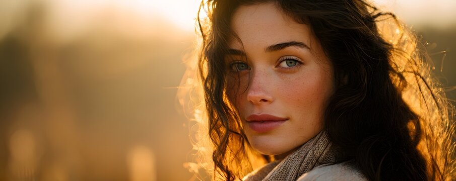 A close-up portrait of a young woman with flowing hair, captured in golden hour light