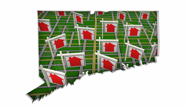 Connecticut CT State Real Estate Market Homes Houses For Sale Signs Map Move Relocate 3d Illustration