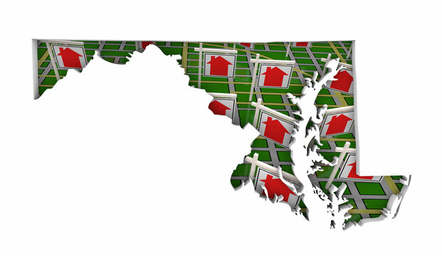 Maryland MD State Real Estate Market Homes Houses For Sale Signs Map Move Relocate 3d Illustration