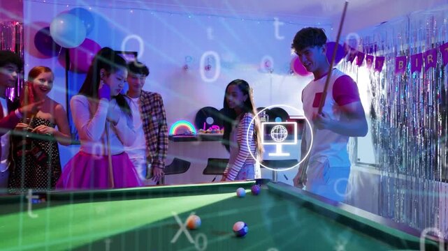 Man at right lining up, hitting cue ball, friends filming, animated overlays mapping paths at party