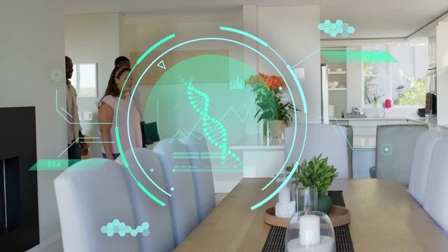 Man entering door, family following through dining room on visit, HUD DNA helix showing health data