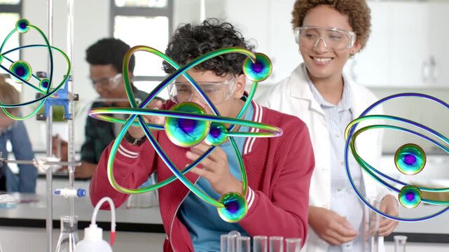 Student using pipette on test tube, starting lab experiment, instructor guiding, atoms animating
