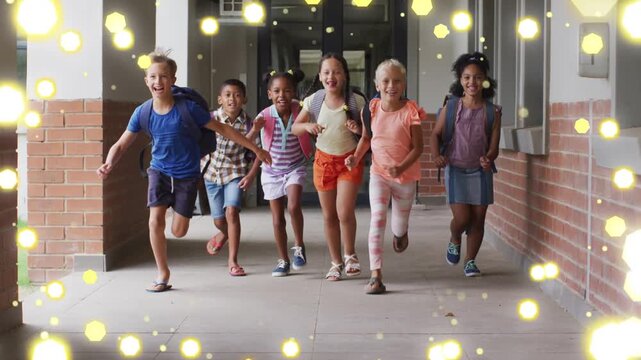 Children starting from doorway and running down school corridor, yellow particles around backpacks